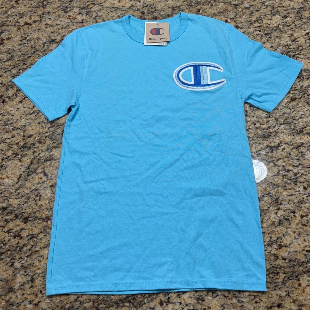NEW Champion Heritage Tee Mens Small Light Blue Chenille Big C Logo T-Shirt ws